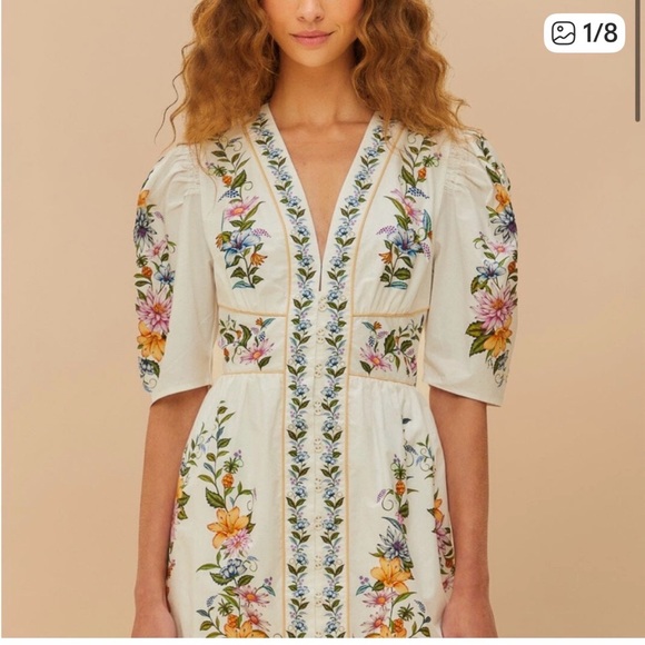 FARM Rio Sweet Bloom Dreamscape Off-White Organic Cotton Mini Dress - Picture 3 of 5